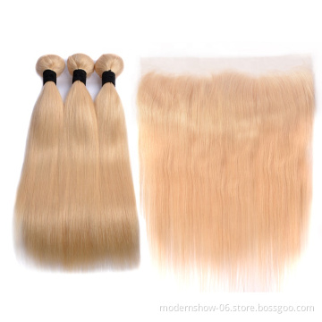 Unprocessed Cuticle Aglined Blond 613 Straight Virgin Human Hair Bundles With Lace Frontal